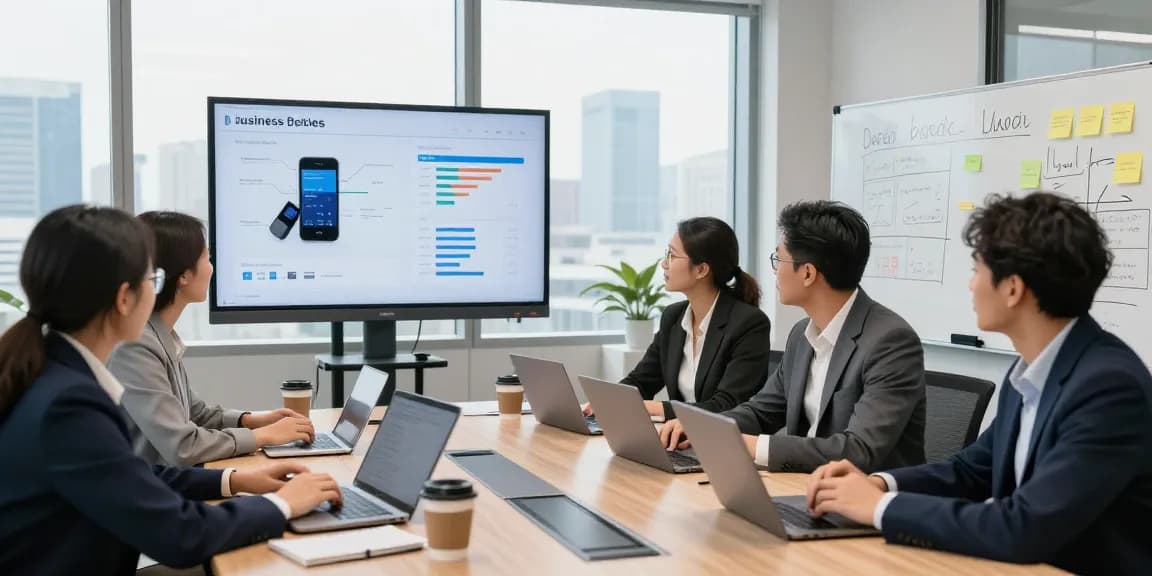 Team discussing business phone systems in modern office conference room