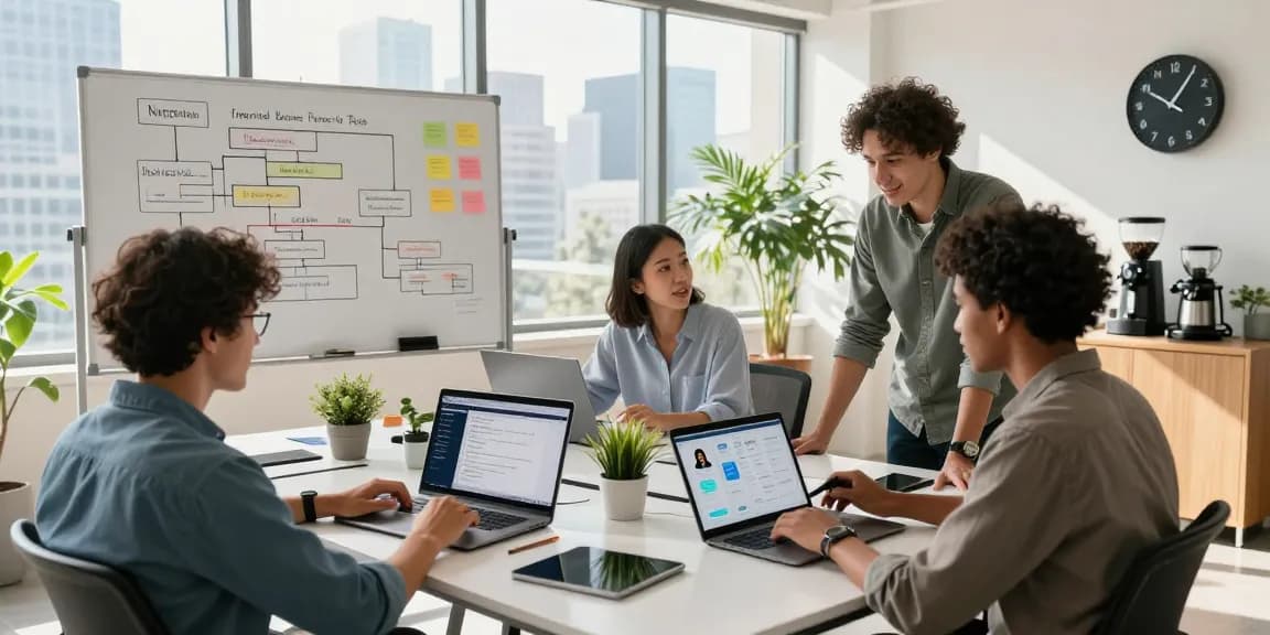 Build internal tools with AI in a dynamic team meeting, showcasing collaboration and technology.