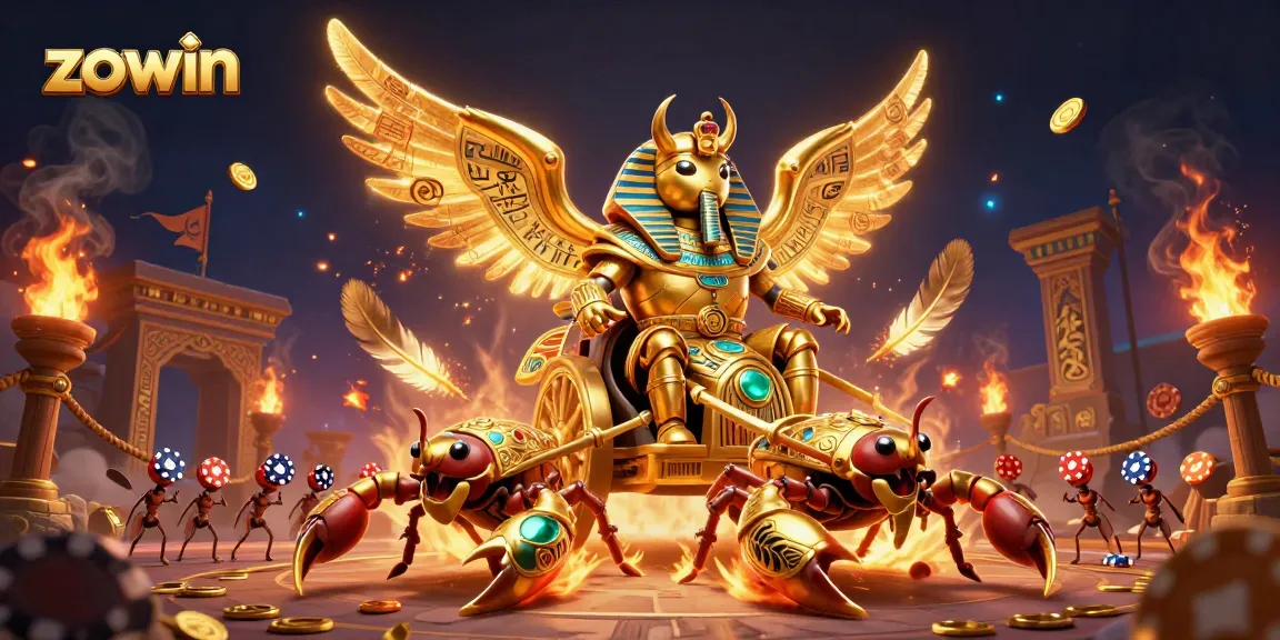 Zowin offers an enchanting gaming experience with a golden scarab beetle chariot amidst stunning gambling elements.