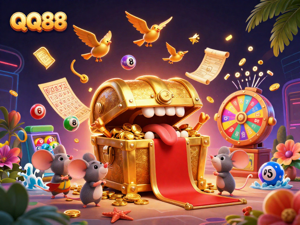 Experience thrilling gaming adventures with QQ88's engaging lottery scene full of vibrant elements.