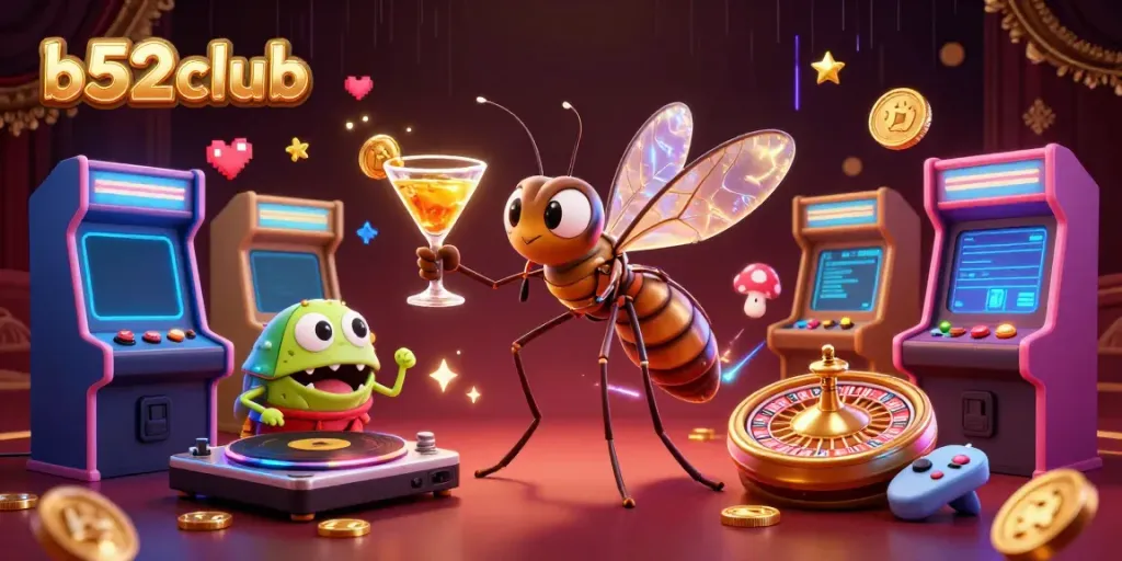 Play games and interact with the vibrant b52club casino mascot in a colorful 3D gaming scene.