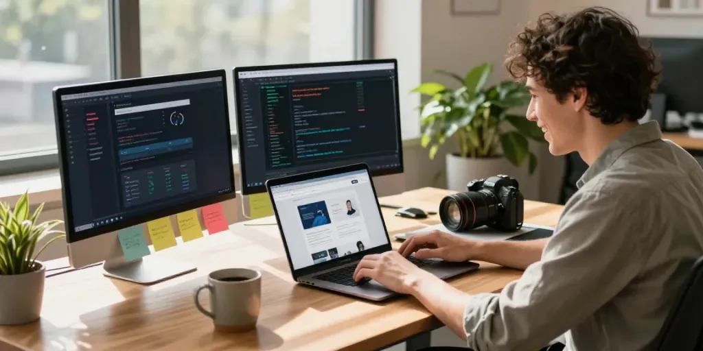 Person excitedly exploring instant indexing software in modern workspace.