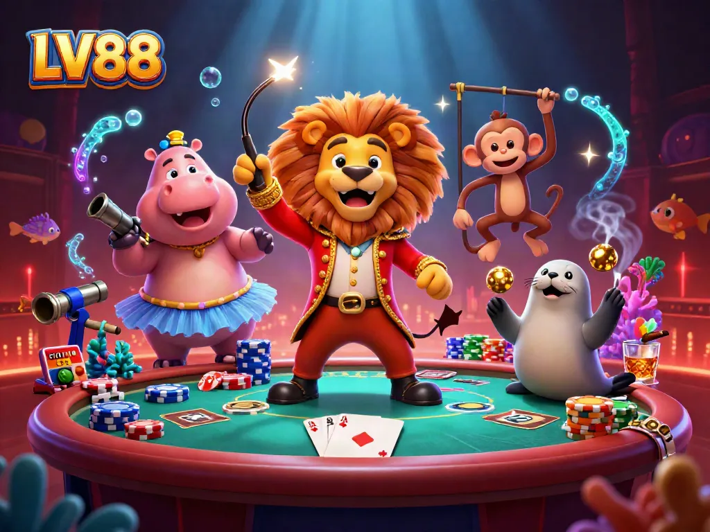 LV88 players enjoy colorful fish shooting games amid a dynamic casino scene.