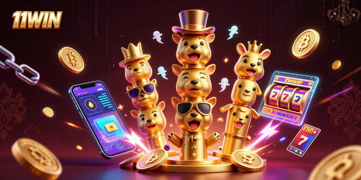 Engage with 11WIN in vibrant neon chaos featuring casino totems and crypto elements.