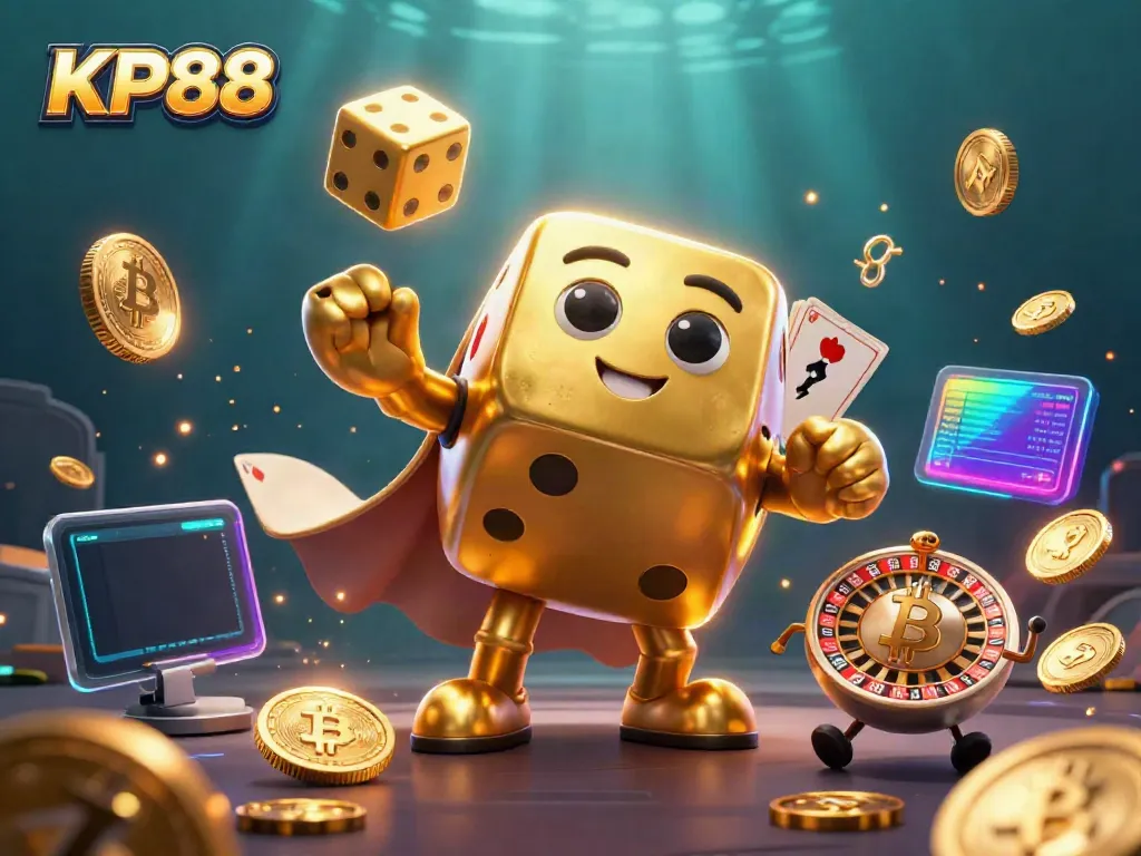 Experience dynamic gameplay at KP88 with 3D golden dice and crypto elements in vibrant casino scene.