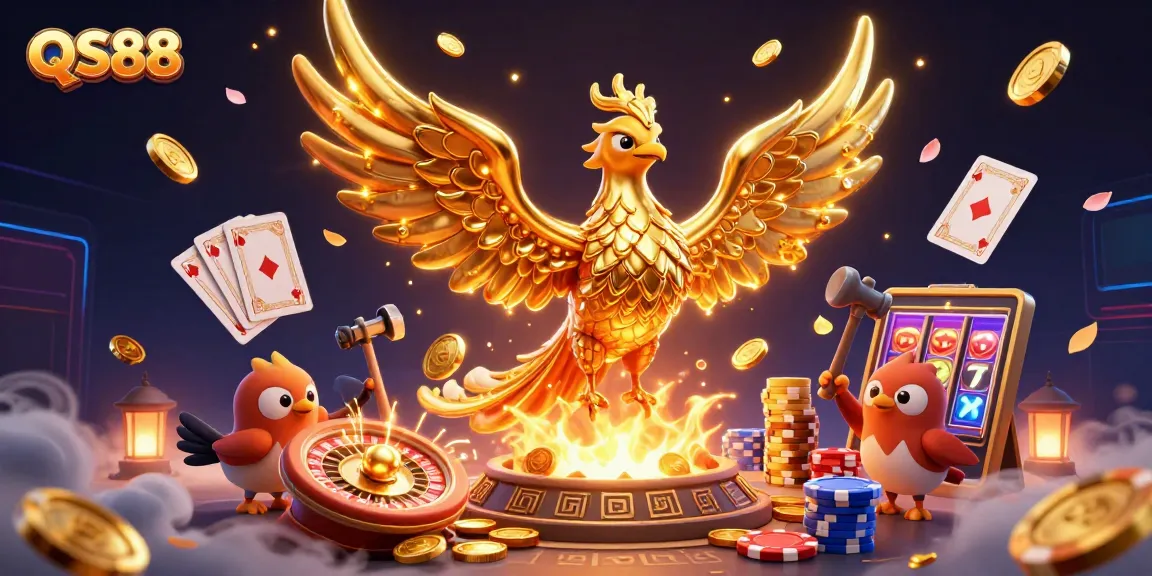 Experience the excitement of QS88 with a golden phoenix and vibrant casino elements in a stunning 3D illustration.