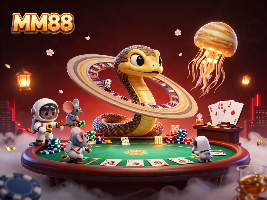 Engage with MM88 as mice place bets on a roulette-like Saturn ring in a vibrant casino cosmos.