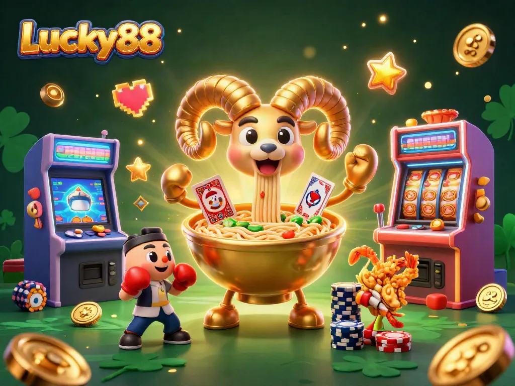 Experience gaming excitement with Lucky88's vibrant 3D casino illustration depicting dynamic characters and elements.