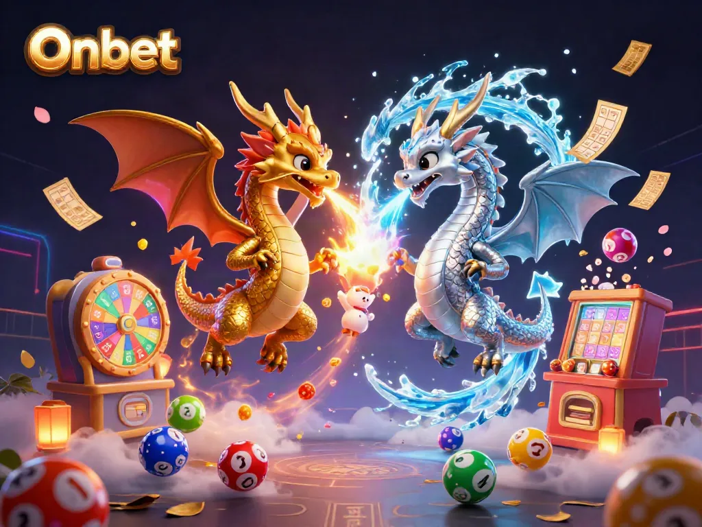Engage in thrilling games at Onbet with dynamic dragons and vibrant lottery elements.