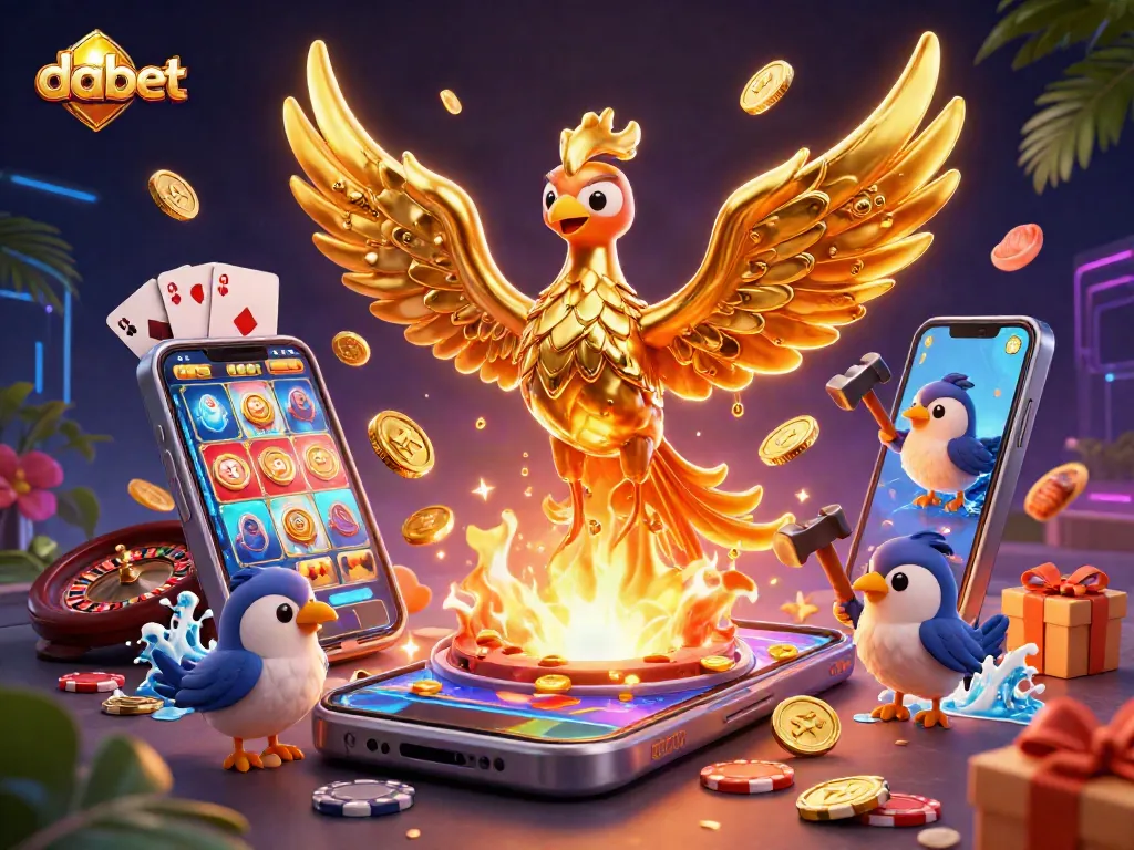 Experience winnings with Dabet's immersive casino games illustrated by golden phoenix and vibrant slot action.