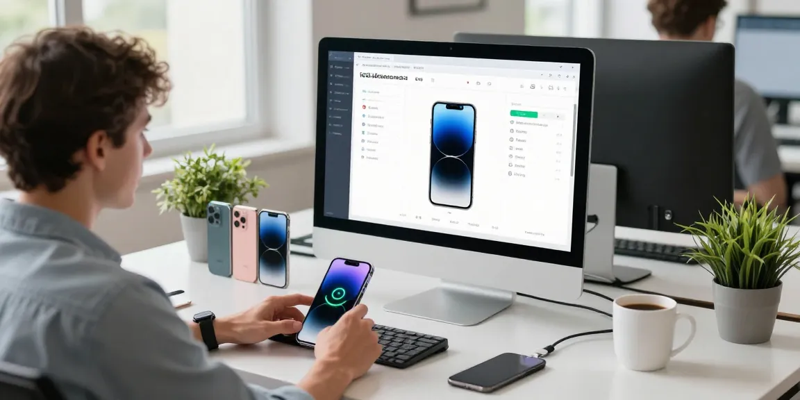 爱思助手用户在现代办公室中管理iOS设备，显示设备状态和数据备份。