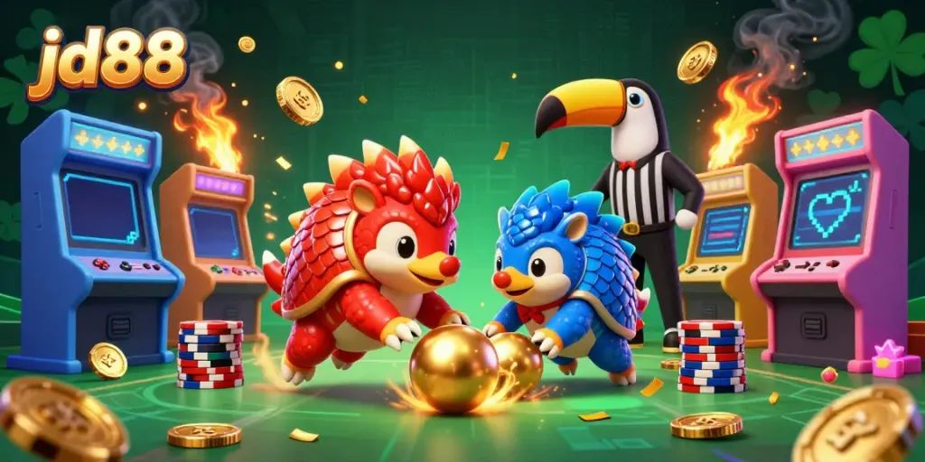 Engage in thrilling gameplay with jd88 as rival pangolins collide with golden poker chips in a vibrant 3D casino world.