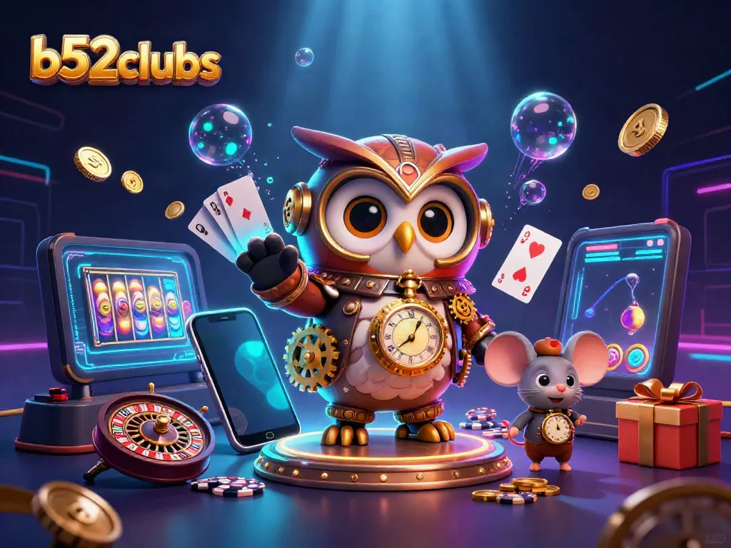 Experience the vibrant casino world of b52clubs with a steampunk owl, colorful slot games, and dynamic game elements.