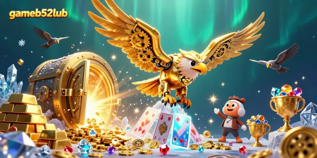 Experience thrilling adventures at gameb52club with a majestic golden eagle soaring through riches and holographic cards.