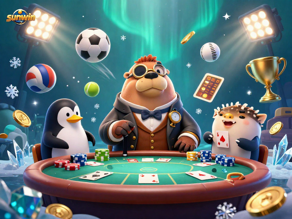 Experience top poker action at sunwin with jolly walrus, penguin dealer, and a bluffing pufferfish.