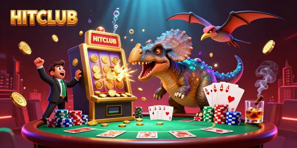 HITCLUB scene with a cartoon dinosaur engaging with a golden slot machine amidst casino elements.