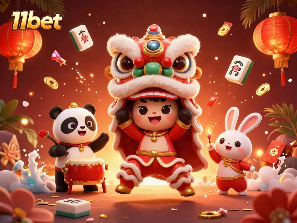 Engage in exciting gaming at 11bet with dynamic visuals of a lively lion dance and festive elements.