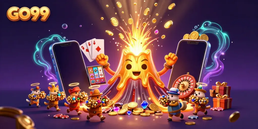 Experience the thrill of GO99 with a golden volcano erupting coins and vivid slot game elements.