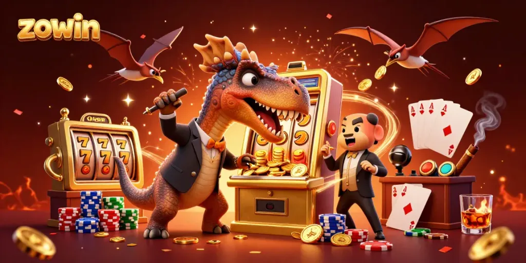 Zowin casino scene with a dinosaur hitting a slot machine jackpot amidst confetti and vibrant gaming elements
