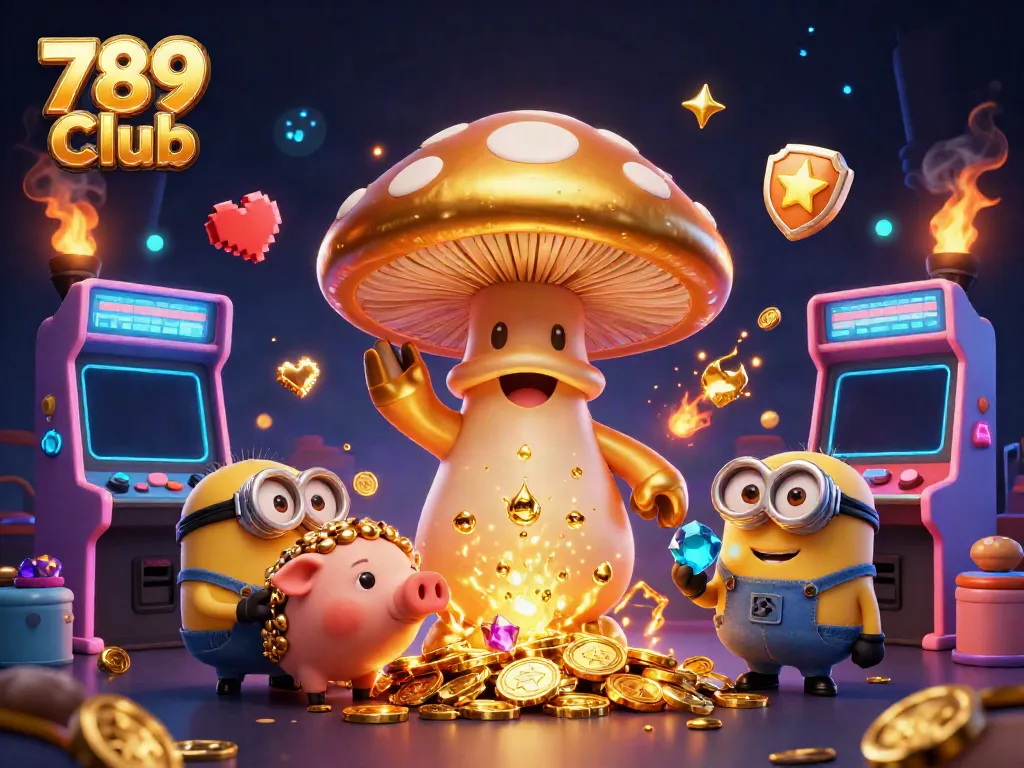 Engage with 789 Club's dynamic gaming scene featuring whimsical characters and vibrant arcade elements.