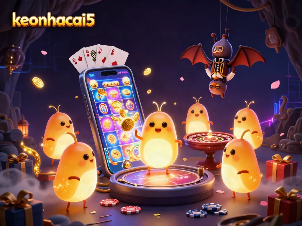 Engage with keonhacai5 in this vibrant 3D casino illustration featuring glowworms and immersive gaming elements.