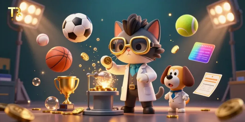 Experience big wins at TR 88 with a playful scene of a cat scientist and dog assistant amidst golden casino action.