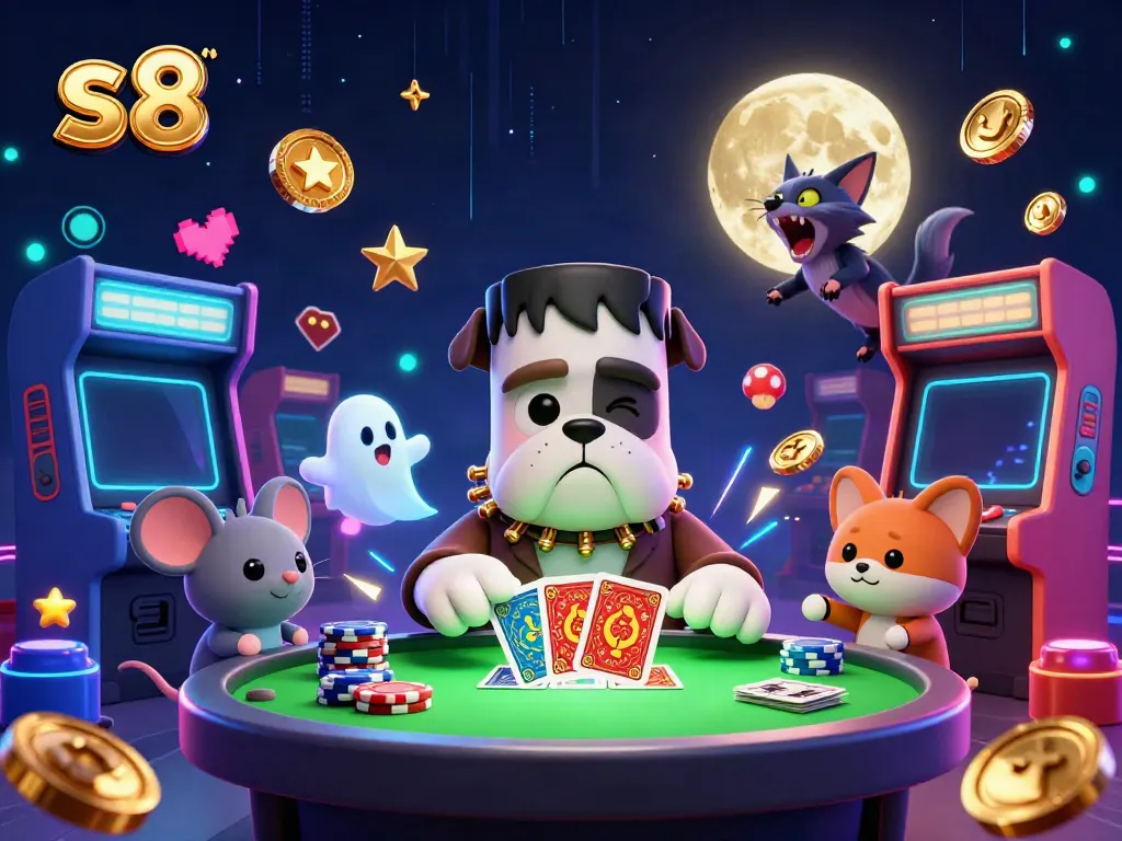 Experience thrilling gameplay at s8 with a monstrous dealer showcasing rich card action amidst a spooky casino setting.