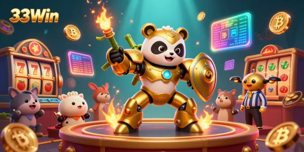 Engage with 33Win’s vibrant casino scene featuring a golden panda and exciting slot elements.