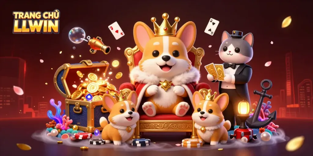 Engage with the thrilling world of TRANG CHỦ LLWIN featuring a royal corgi and interactive casino elements.
