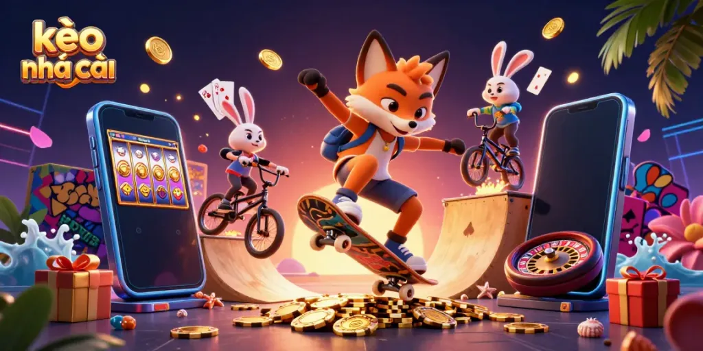 Experience the excitement of kèo nhà cái with our vibrant 3D illustration showcasing dynamic gaming elements and characters.
