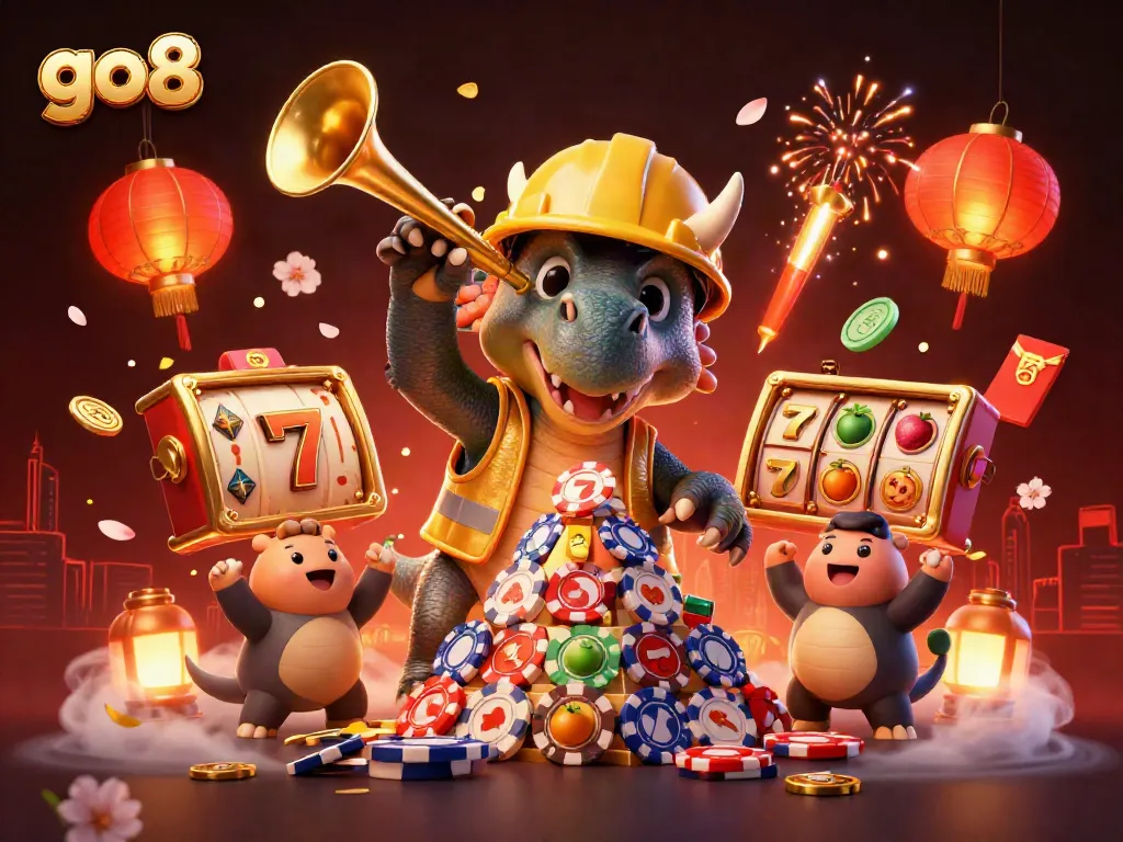 Engage in thrilling gameplay with go8's vibrant casino atmosphere featuring joyful characters.