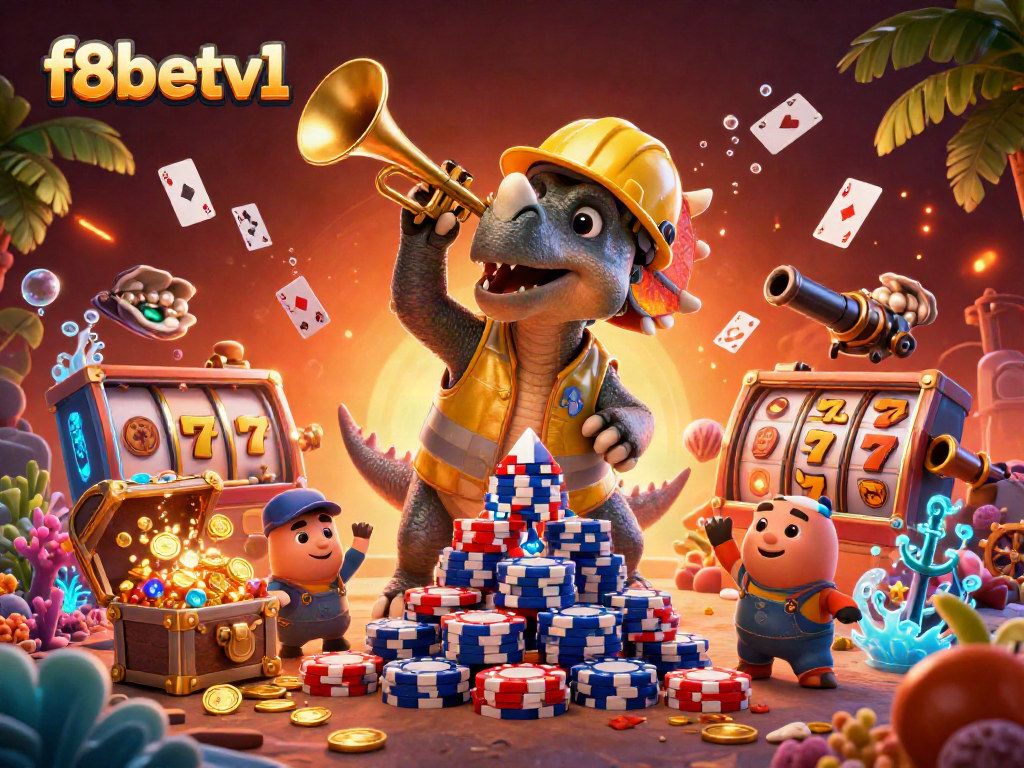 Engage with f8betv1's vibrant casino scene as characters celebrate big wins amidst slot reels and poker chips.