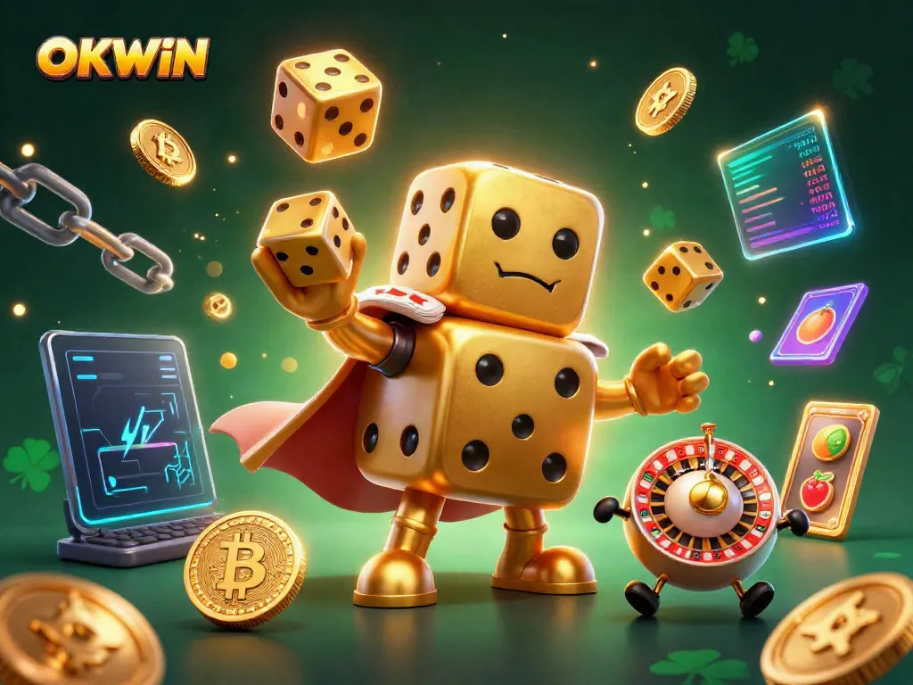 Engage in thrilling gameplay with OKWIN's golden dice golem surrounded by casino elements and digital coins.