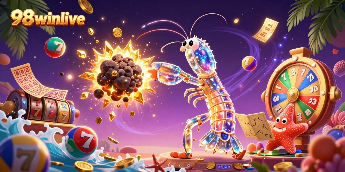 Experience a dynamic gaming adventure with 98winlive's colorful characters in a vibrant casino setting.