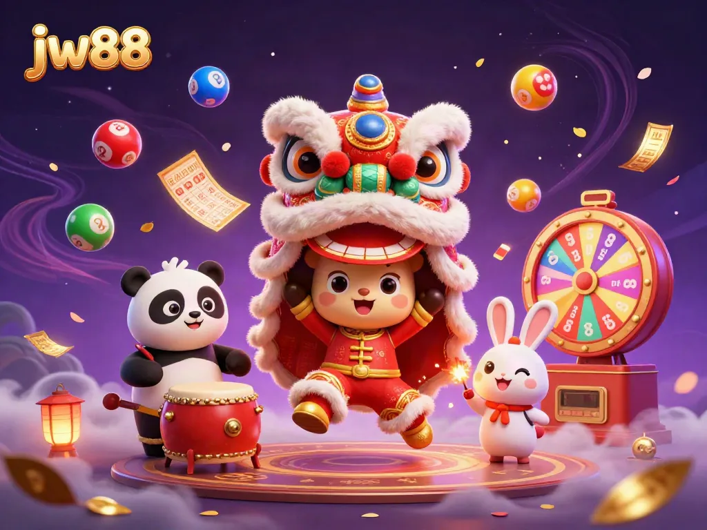 Engage in thrilling gameplay at jw88 with a lively 3D casino scene of festive characters and dynamic gambling elements.