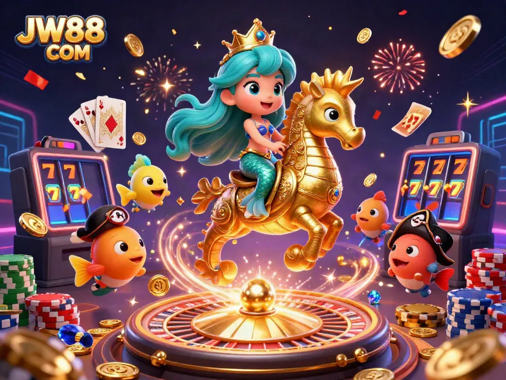 Cascade golden coins and sparkling gems around JW88 COM's vibrant 3D casino characters in a dynamic underwater scene.