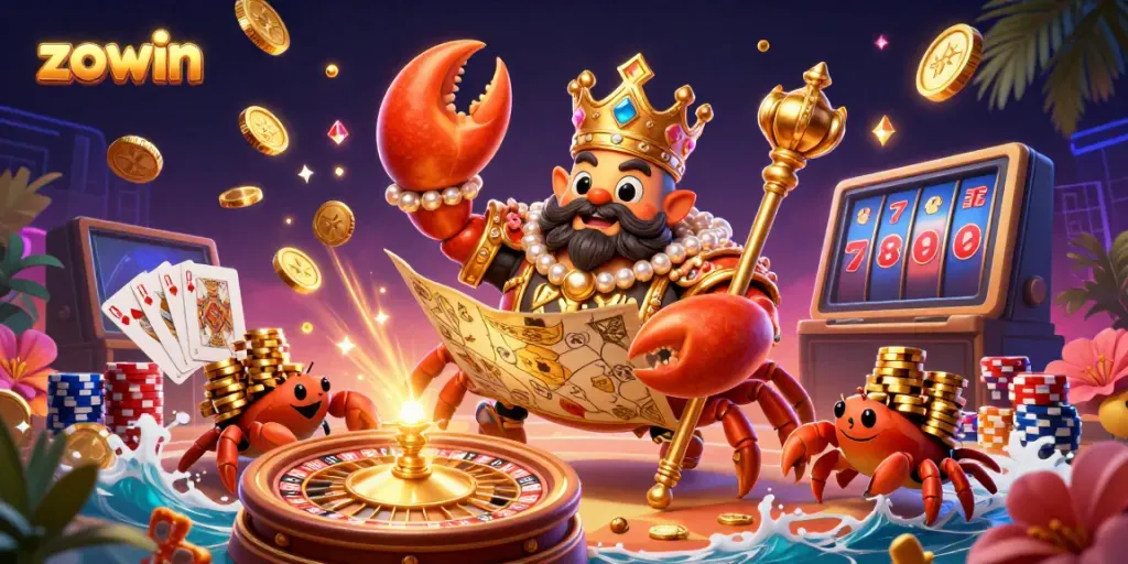 Experience the vibrant world of ZOWIN with a lavish golden crab emperor and casino elements.