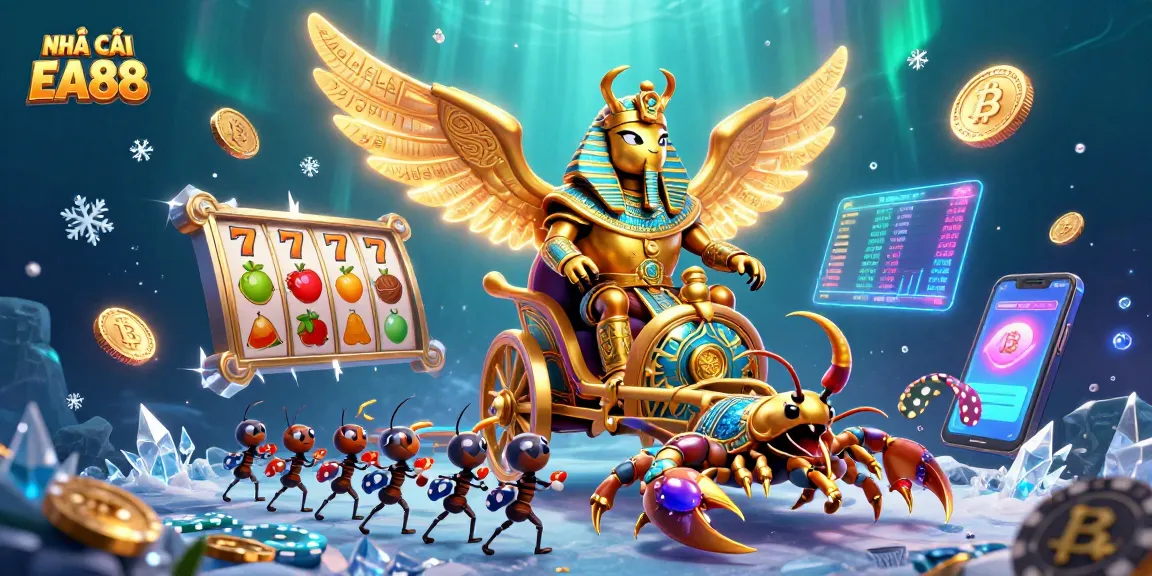 Experience the excitement with NHÀ CÁI EA88 as glowing slot machine elements create vibrant casino action.