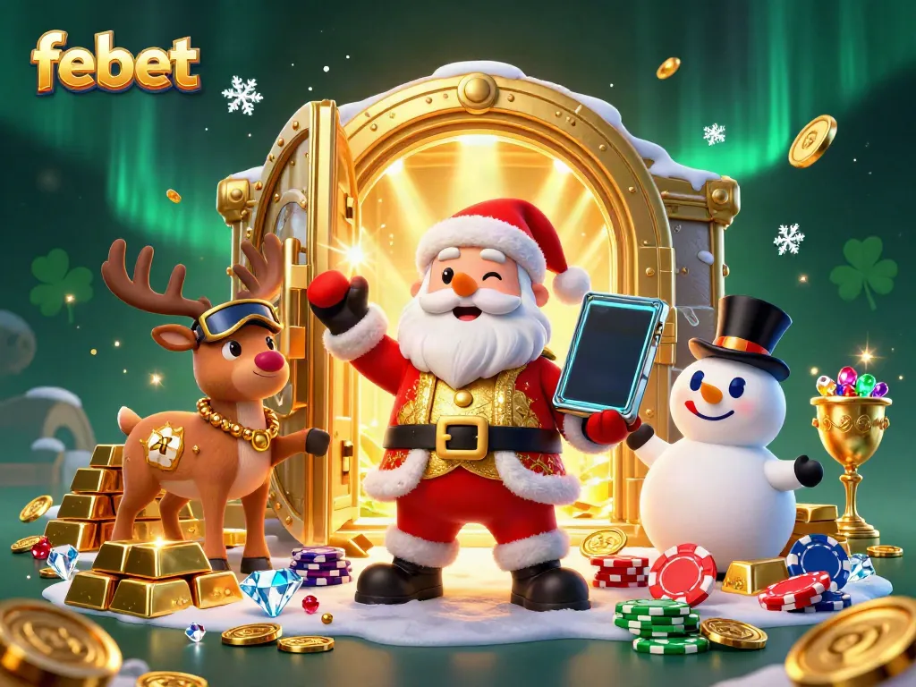 Experience jackpot thrills with febet featuring Santa, a reindeer dealer, and a poker chip snowman in a festive casino.