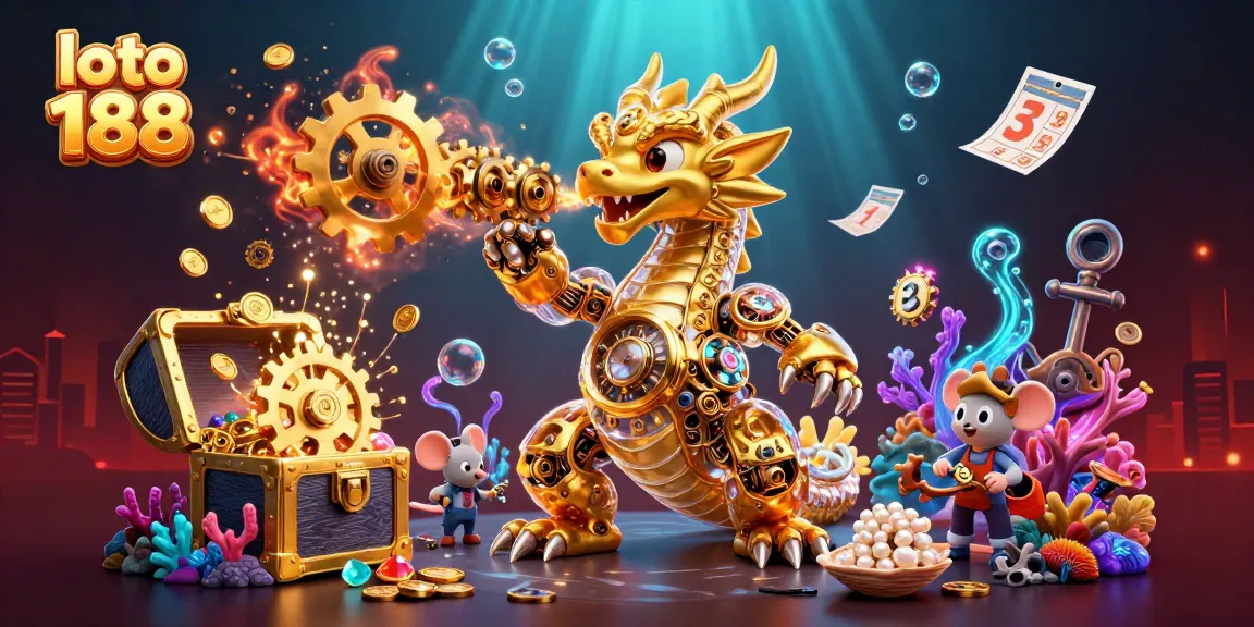 Win big with loto 188 in this vibrant 3D illustration featuring a golden dragon and lottery elements.