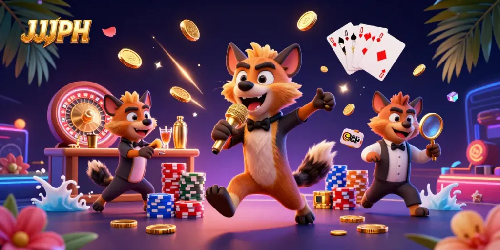 Join the exciting world of JJJPH with comedic gaming hyenas in a vibrant casino atmosphere.