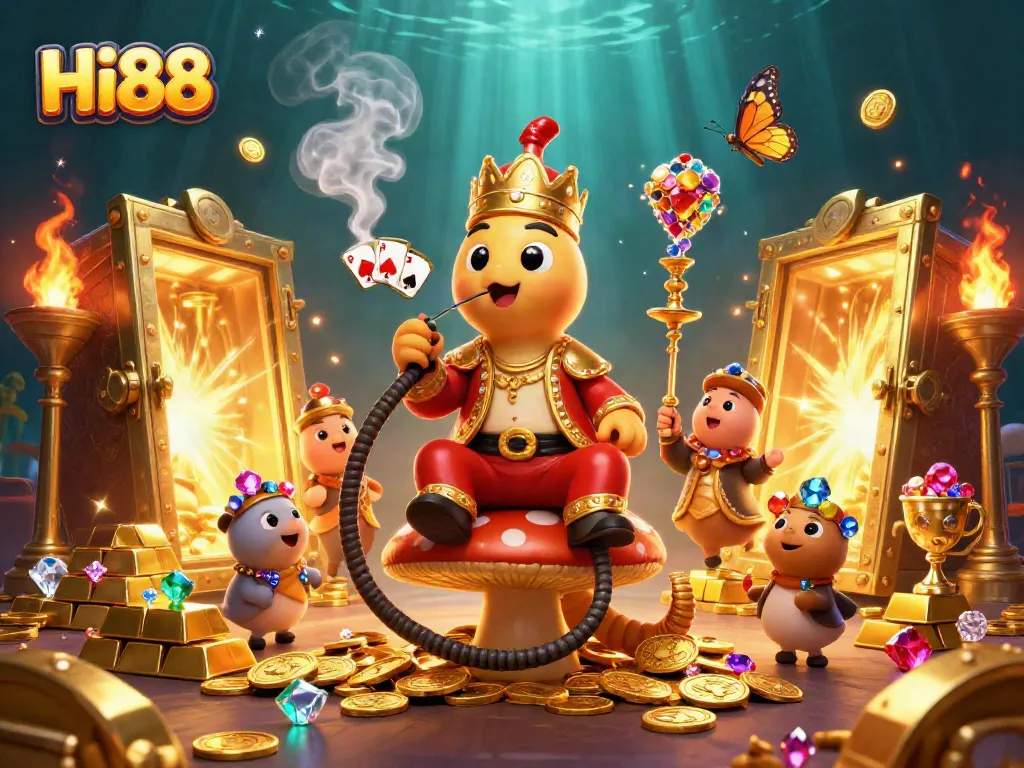 Engage with Hi88 at a vibrant casino scene with an enchanted caterpillar hookah-master and treasures