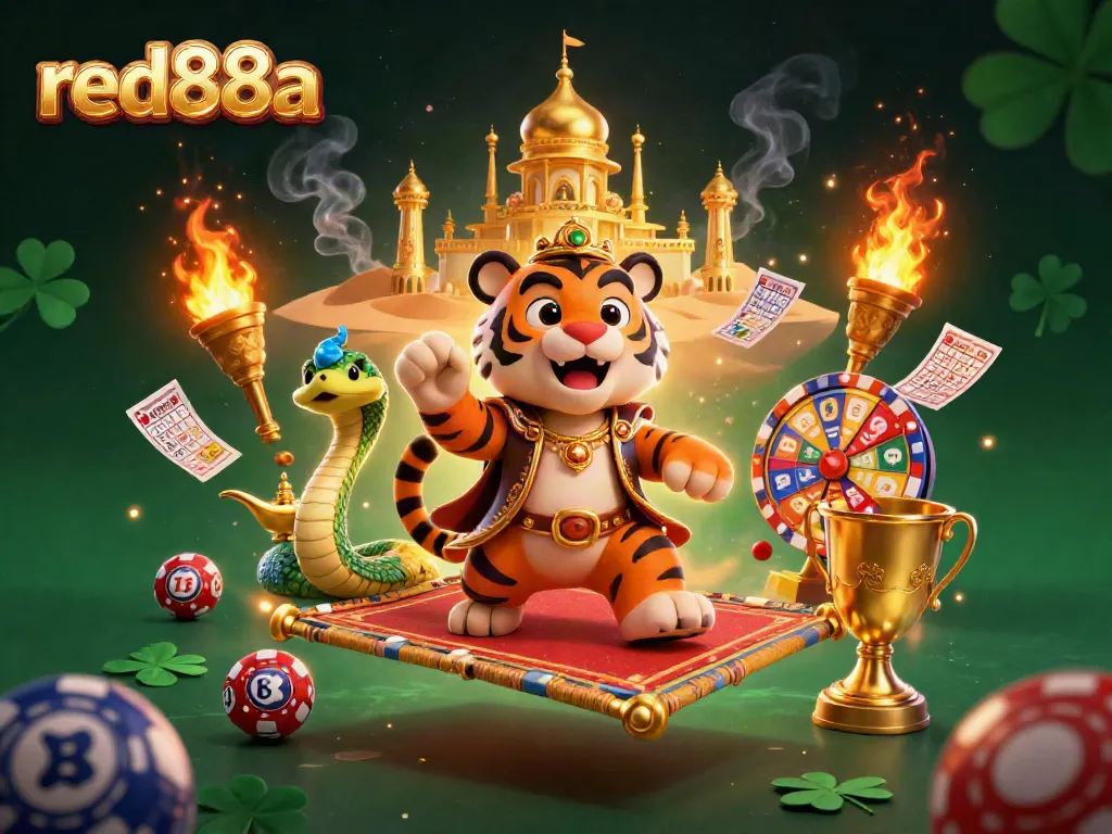 Engage with red88a's lottery-themed thrill in a vibrant 3D illustration depicting excitement and treasures.