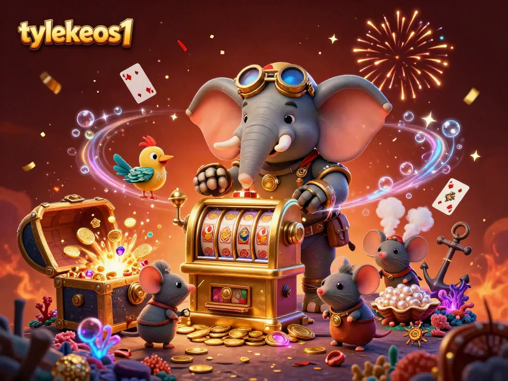 Engage in thrilling gameplay with tylekeos1, a vibrant steampunk world filled with gold coins and slot machines.