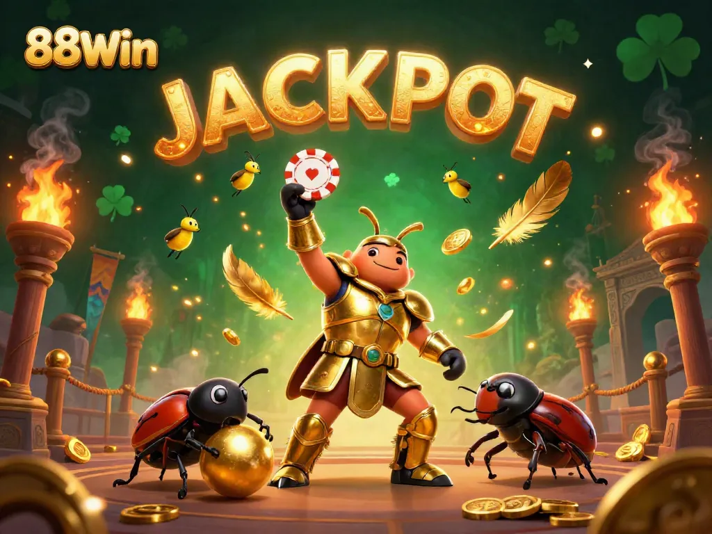 Experience the thrill of 88Win with a victorious beetle champion in a dynamic casino atmosphere showing jackpot excitement.