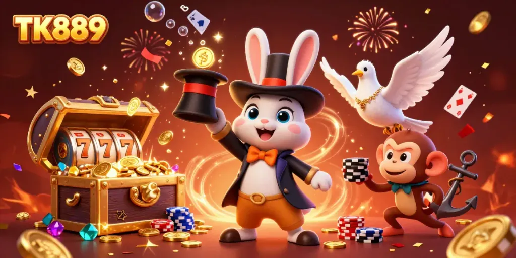 TK889 promotional illustration highlighting a magician rabbit, dove, and monkey in a vibrant casino scene.