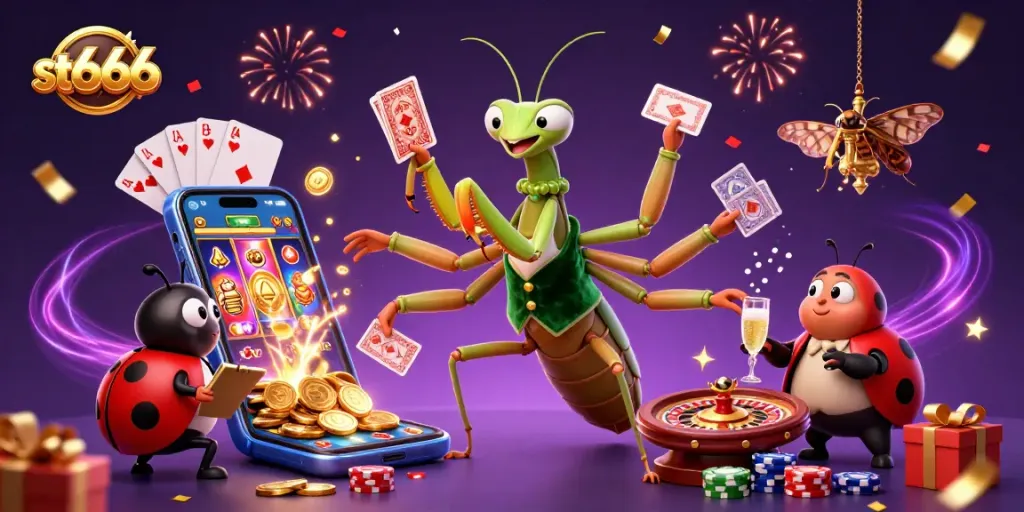 Experience thrilling gameplay with st666's colorful slots and vibrant characters in a captivating casino scene.