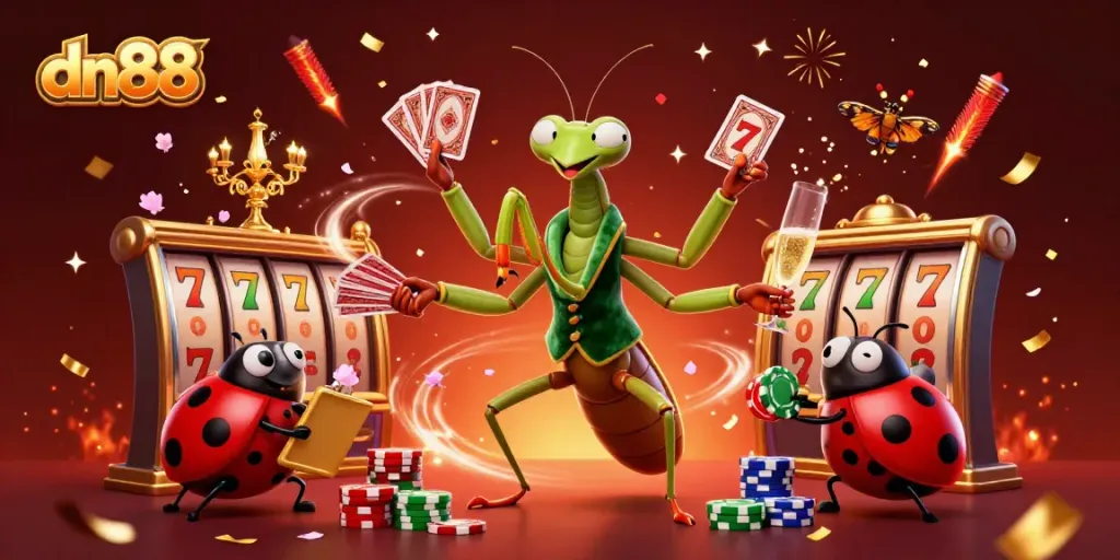 Experience the excitement of dn88 with dynamic slot reels, vibrant cherry blossoms, and festive confetti in a colorful casino scene.