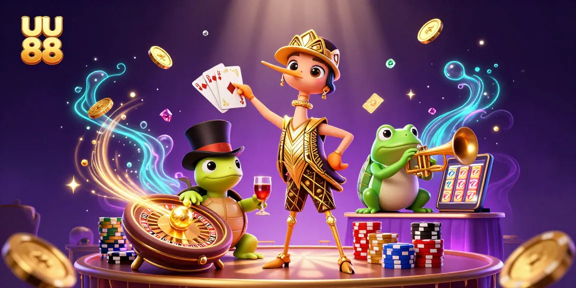 Win exciting prizes with uu 88 in a vibrant 3D casino scene featuring playful characters and action.