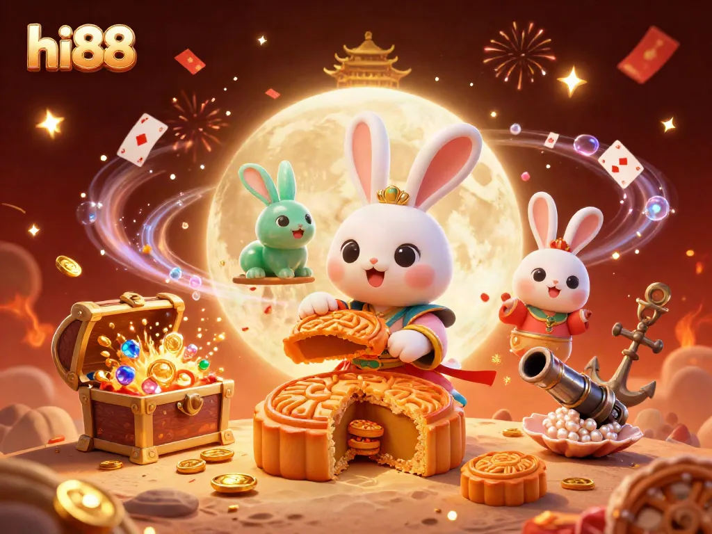 Engage in thrilling casino adventures with hi88's vibrant 3D moon rabbit illustration.